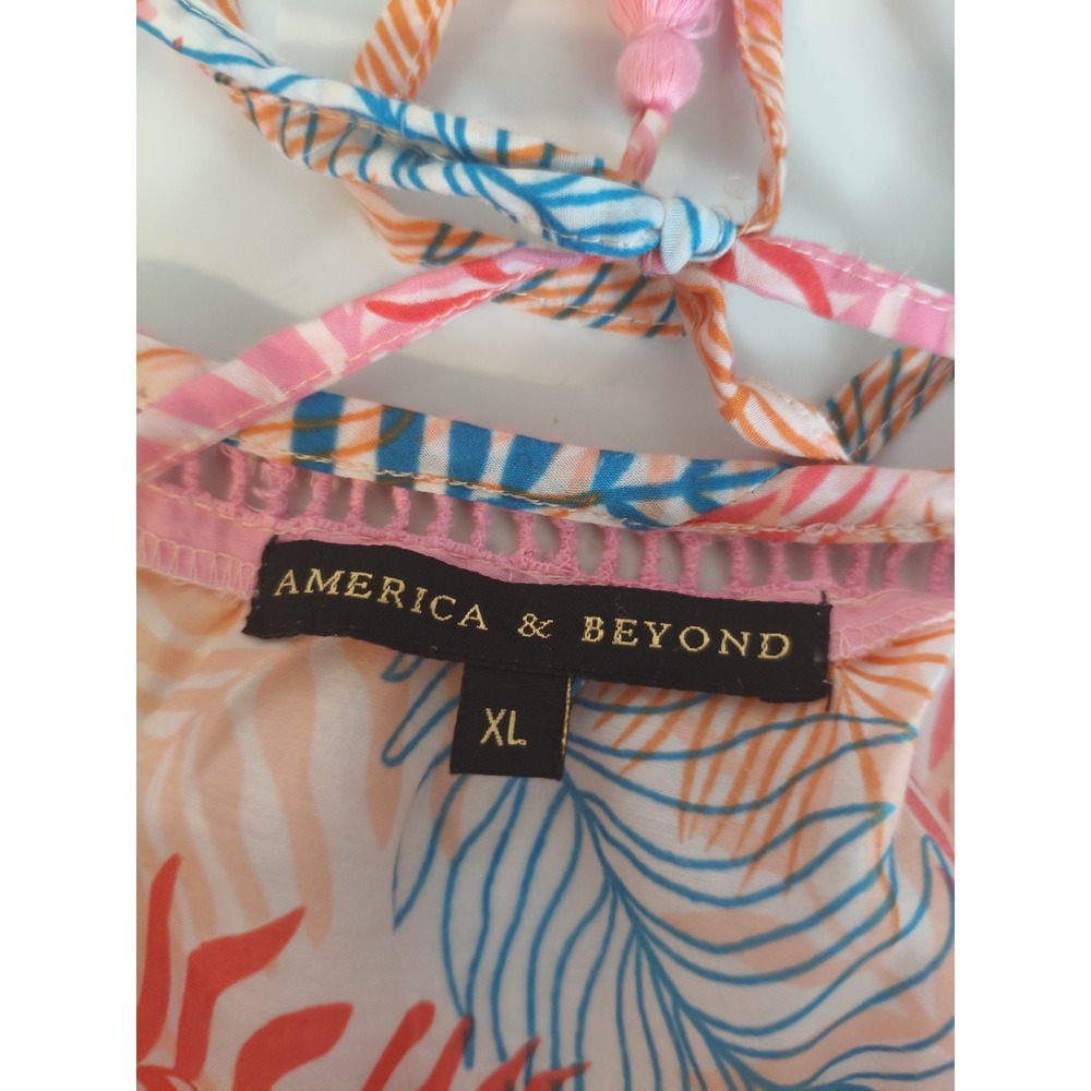 America & Beyond Tropical Palm Leaf Tiered Maxi Dress Pom Pom Hem Pink XL - Picture 3 of 9